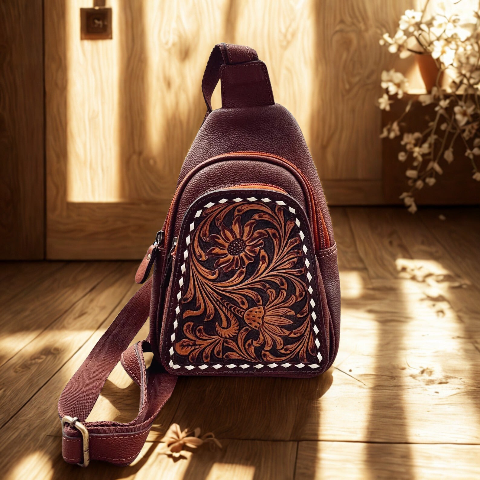 Hand Tooled Leather Crossbody Bag, Womans Sling Bag, Sling Purse, Travel Sling Bag, Mini Crossbody Sling Bag , Western Leather Purse